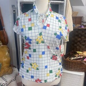 Vintage 70’s/80’s- Colorful Geometric Floral orint- ruffle neck, tie-Blouse